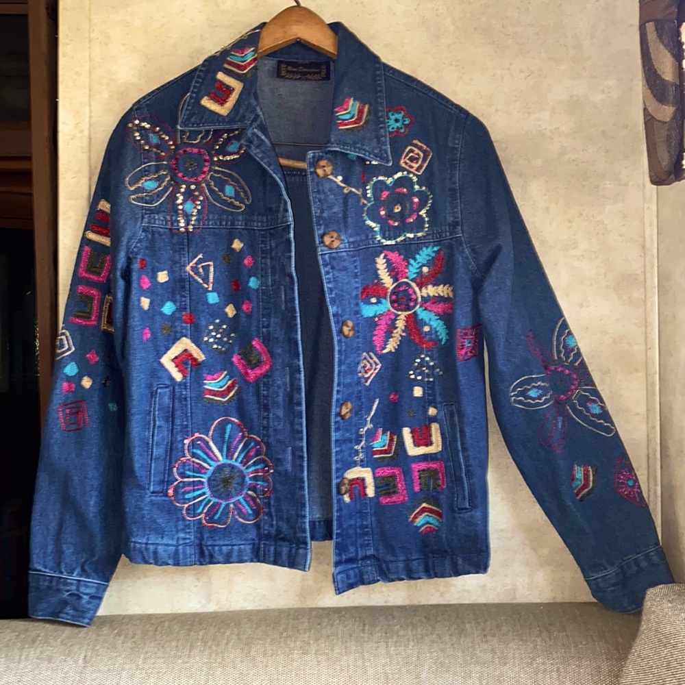 Ladies size S, denim jacket. Deep blue with colorful embroidery and decorations.